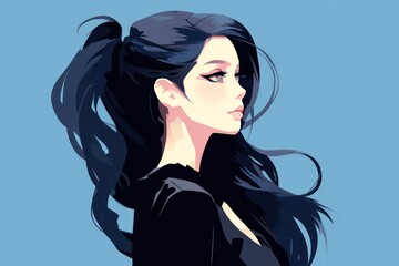 a digital painting of a woman with long black hair and a black dress, with her eyes closed and her hair blowing in the wind, against a blue background.