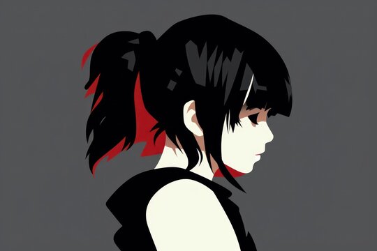  A Drawing Of A Woman With Black Hair And A Black And White Shirt With A Red Stripe On Her Neck And A Black And White Shirt With A Red Stripe On The Back.