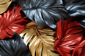  a close up of a bunch of different colored leaves on a black, red, yellow, and green background with a black and gold leaf on the bottom right side of the image.