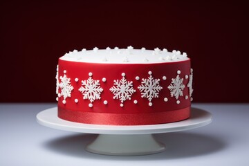 a red and white frosted cake with white snowflakes on a white cake stand on a white table with a red wall behind it and a red background.