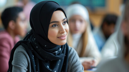 modern Muslim college girl in classroom