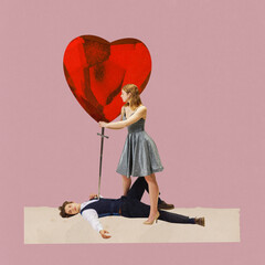 Contemporary art collage. Jealousy. Young woman kills her beloved partner with sword of love with...