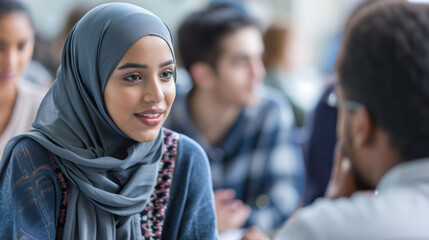 modern Muslim college girl in classroom