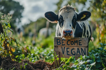 A compelling image of a compassionate cow holding a sign that reads Become Vegan encouraging a shift towards a vegan lifestyle. Ai generated - 705790318