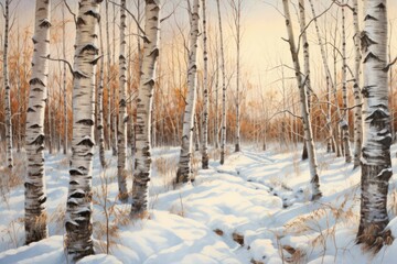  a painting of a snow covered forest with trees in the foreground and the sun shining through the trees on the far side of the picture, with snow on the ground.