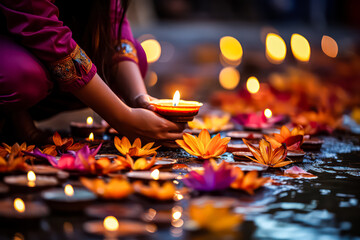 Serenity of Diwali girl lights glowing oil lamps, intricate floral mandala and enchanting bokeh create a serene backdrop for the vibrant celebration of the Diwali festival.