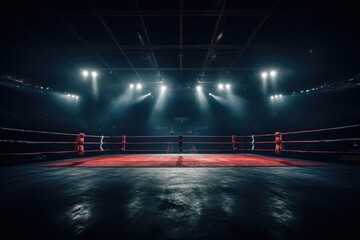 Boxing ring with red ropes and spotlights in a dark room, Epic empty boxing ring in the spotlight on the fight night, AI Generated - obrazy, fototapety, plakaty