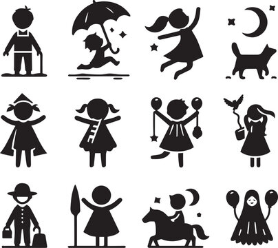 Set of silhouettes kids baby children editable vector icon in various poses