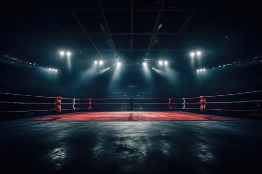 Boxing ring with red ropes and spotlights in a dark room, Epic empty boxing ring in the spotlight on the fight night, AI Generated