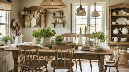 a picture of your farmhouse kitchen table set for a warm and inviting meal highlight the rustic details, from weathered wood to vintage accessories
