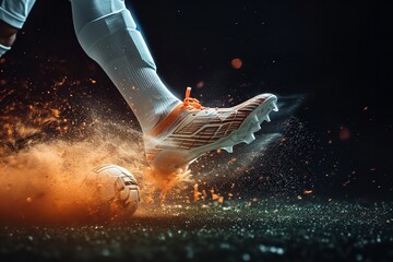 Soccer player kicks the ball in motion in a three-dimensional depiction, close shot, active, Generative AI.