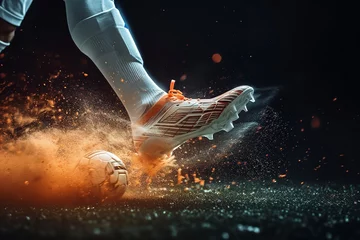 Fotobehang Soccer player kicks the ball in motion in a three-dimensional depiction, close shot, active, Generative AI. © MinixT