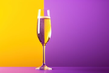  a glass of champagne sitting on top of a table next to a yellow and purple wall in front of a purple and yellow wall with a yellow corner in the background.