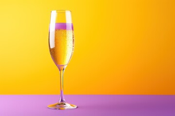  a glass of champagne sitting on top of a purple and yellow counter top next to a yellow and pink wall and a pink and yellow wall behind it is a yellow background.