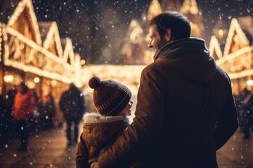Back view of loving father and his little daughter at Christmas market in winter time, Father and...