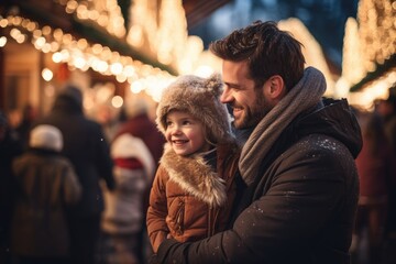 Happy father and his adorable little daughter on Christmas market in Germany, Father and child...