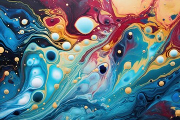 an abstract painting with blue, yellow, red, and black bubbles and bubbles on the bottom of the fluid, and on the top of the bottom of the image is a blue and yellow.