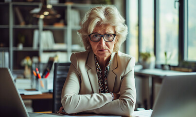 Mad senior businesswoman sitting with laptop at workplace, real photo