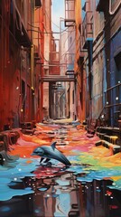  a painting of a dolphin jumping out of a pool of water in a narrow alleyway with buildings on either side of the street and a rainbow colored puddle in the water.