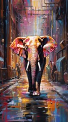  a painting of an elephant walking down a city street with people walking on the side of the street and buildings on the other side of the street in the background.