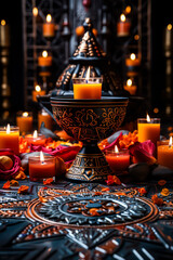 Diwali radiance vibrant oil lamps and floral mandala on a mesmerizing blurred bokeh background, creating a festive atmosphere of joy and celebration