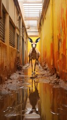  a deer that is standing in the middle of a hallway with orange paint on the walls and in the middle of the floor is a puddle of water in the middle of the floor.