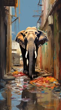  a painting of an elephant standing in a narrow alleyway with graffiti all over it's walls and covering it's face with it's trunk, it's trunk, it's trunk, it's trunk, it's trunk, it's trunk,.