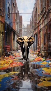  an elephant that is standing in the middle of a street with a lot of paint all over it and a building in the background that has graffiti all over it.