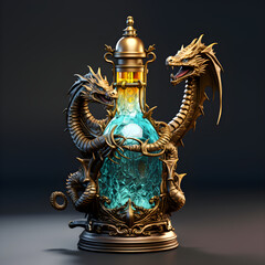 Dragon shaped blue glass bottle, dragon vase, beautiful dragon statue. Generative AI