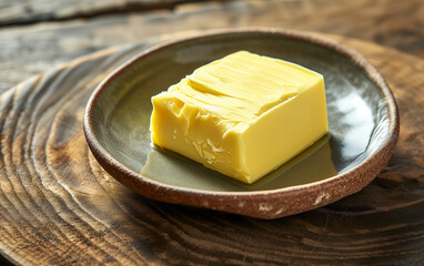design for food ad - butter in the wooden bowl. tasty restaurant of cafe ad for a menu. dairy product fresh yellow butter