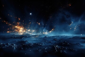  a computer generated image of a night sky with stars and a mountain range in the foreground, and a distant star cluster in the middle of the foreground.
