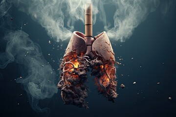 Human lungs with smoke on black background, Human smoker lungs, stop smoking, Unhealthy habit, damages on respiratory system. No tobacco day, no smooking. AI Generative - obrazy, fototapety, plakaty