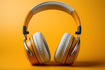 Fototapeta na wymiar Multi-colored headphones on yellow pastel background. Minimalistic fashion music concept. Top view, copy space, Generative AI