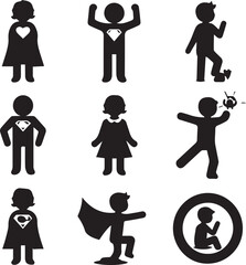 Set of silhouettes kids baby children editable vector icon in various poses