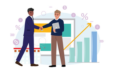 Two men shaking hands as sign of the good deal, agreement in flat style on black background. Unity in business concept illustration. .