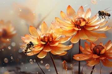  a group of bees sitting on top of a flower next to a bunch of water droplets on the petals of a large orange flower with a bee sitting on top of the petals.