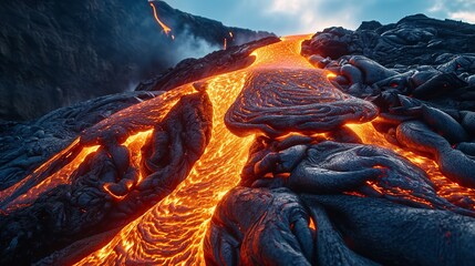 Volcanic activity and lava flows down the mountain create a terrifying and perilous scene, Generative AI.
