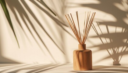 Fototapeta premium Home fragrance diffuser of aromatic reeds with rattan sticks on light background with palm leaves and shadows, Home fragrance aroma diffuser with rattan sticks with a glass bottle.