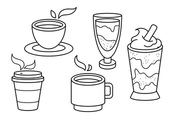 Cups with coffee and tea, hot drinks. Cute coloring page for kids and adults, black and white vector illustration.