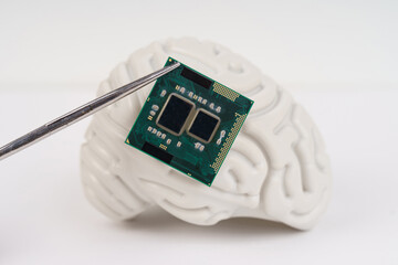 Human brain and computer chip.
