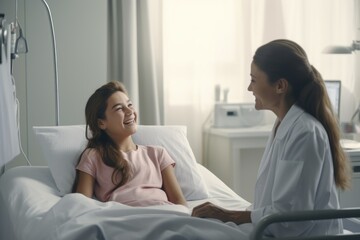 Positive delighted girl looking at her mother while sitting on the bed, female doctor and smiling girl patient in bed talking in corridor at hospital, AI Generated