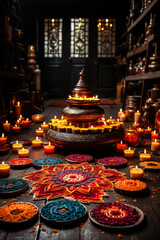 Fototapeta na wymiar Diwali brilliance - vibrant oil lamps casting a warm glow, surrounded by a delicate floral mandala on a blurred bokeh background, symbolizing the festival's luminous essence.