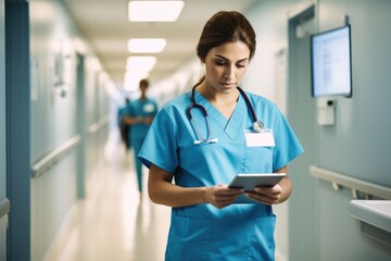 Young female doctor using a digital tablet in a corridor of a hospital, Female Doctor Wearing Scrubs In Hospital Corridor Using Digital Tablet, AI Generated - Powered by Adobe