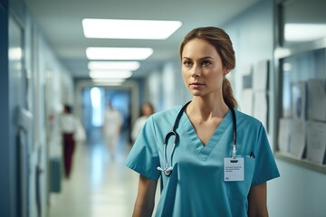 Portrait of a female doctor standing in a corridor of a hospital, Female Doctor Wearing Scrubs In Hospital Corridor Using Digital Tablet, AI Generated
