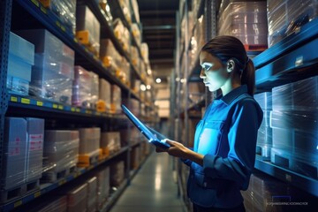 Young woman working in warehouse, she is using a tablet computer, female employee or supervisor checks the stock inventory on a digital tablet, AI Generated