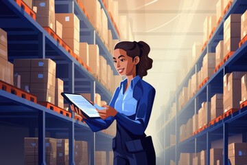 Vector illustration of a female warehouse worker with clipboard in her hands, female employee or supervisor checks the stock inventory on a digital tablet, AI Generated