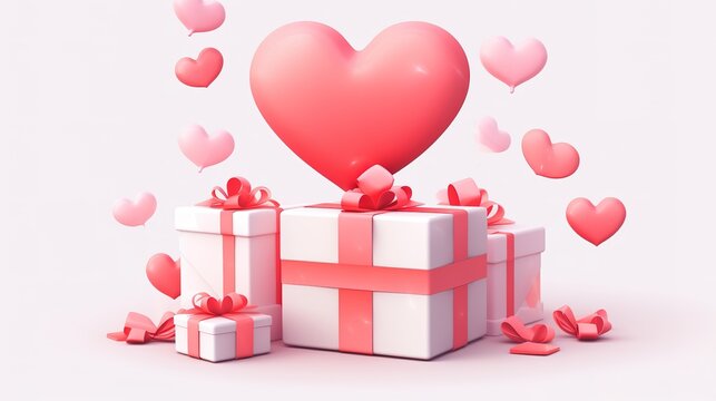 Valentine's day design. Realistic red gift box. Open a gift box full of decorative festive objects. Holiday banner, web poster, flyer, stylish brochure, cover. Romantic background, generative ai