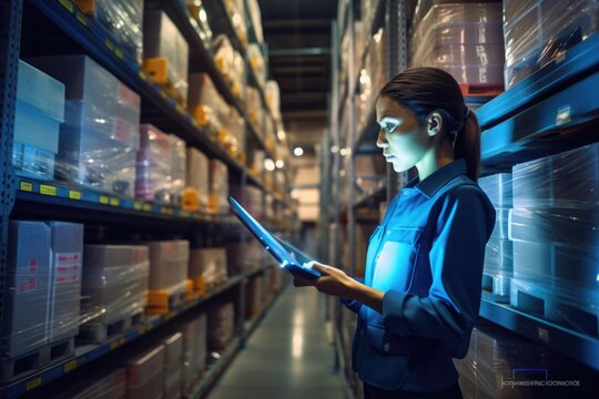 Young woman working in warehouse, she is using a tablet computer, female employee or supervisor checks the stock inventory on a digital tablet, AI Generated - Powered by Adobe