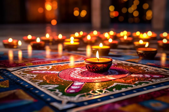 Celebrate Diwali bright oil lamps and a detailed floral mandala set against a captivating bokeh background, creating a picture of joy and festivity