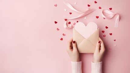 First person flat lay photo capturing the essence of Valentine's Day celebration with creative decor and symbols of love on an isolated background.